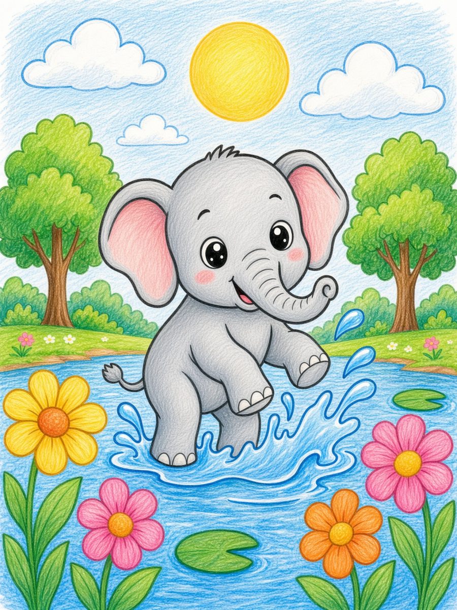 The same elephant picture colored in with crayons: gray elephant with pink ears, blue pond, yellow, pink and orange flowers